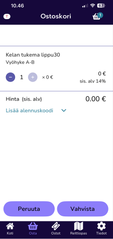 kuvassa ostoskorin näkymä.