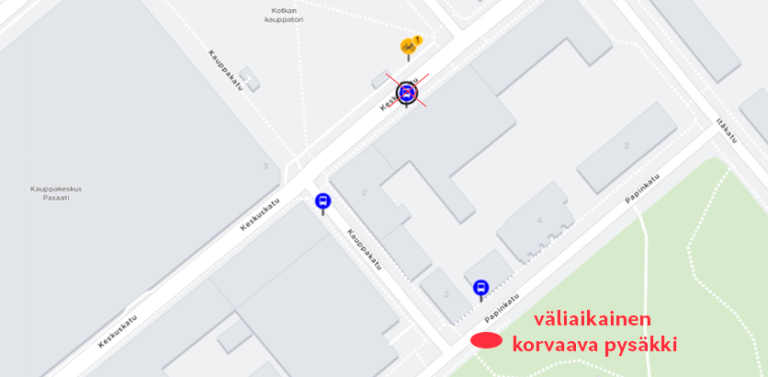 papinkadulla isonpuiston rappusten kohdalla on korvaava pysäkki