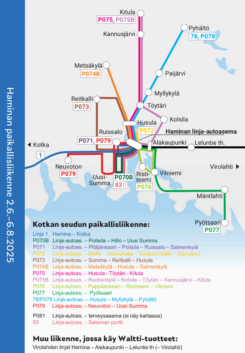 Kartta, jossa näkyy Haminan linjojen reitit